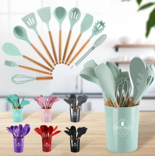 12 Pcs Silicone Cooking Utensils Kitchen Utensil Set | Heat Resistant Kitchen Non Toxic Spatula Set With Turner Tongs,spoon,brush,whisk-wooden Handle – Random Color