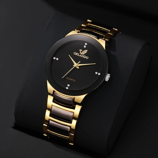 1pc Men's Stylish Black Dial Golden-Tone Zinc Alloy Quartz Wristwatch