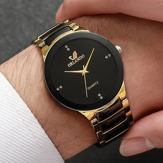1pc Men's Stylish Black Dial Golden-Tone Zinc Alloy Quartz Wristwatch