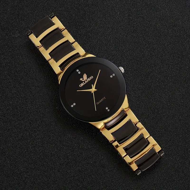 1pc Men's Stylish Black Dial Golden-Tone Zinc Alloy Quartz Wristwatch